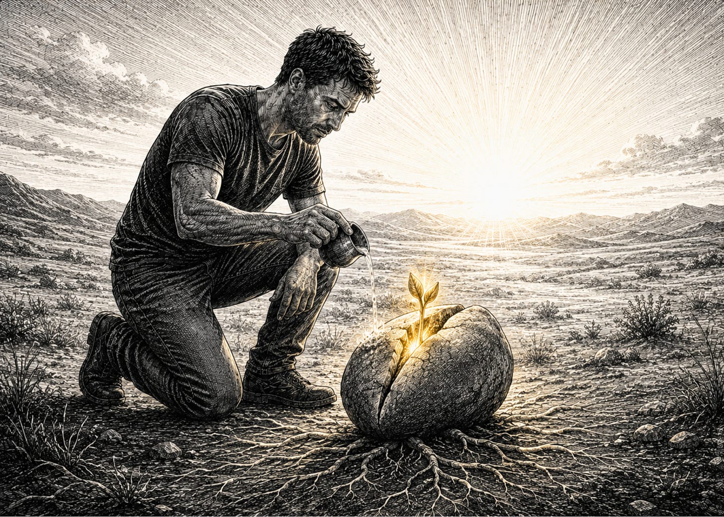 Man waters a grey stone seed as a golden shoot rises from it, suggesting curiosity awakening.