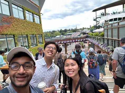 The Wimbledon queue! Ok, clearly not India, but this is the most underrated thing I did in London. Left: Queue buddies, Wimbledon 2023. Centre: Wimbledon museum. Right: 120 quid for row five Centre Court, round of 16, Alcaraz and Raducanu, Wimbledon 2024.)