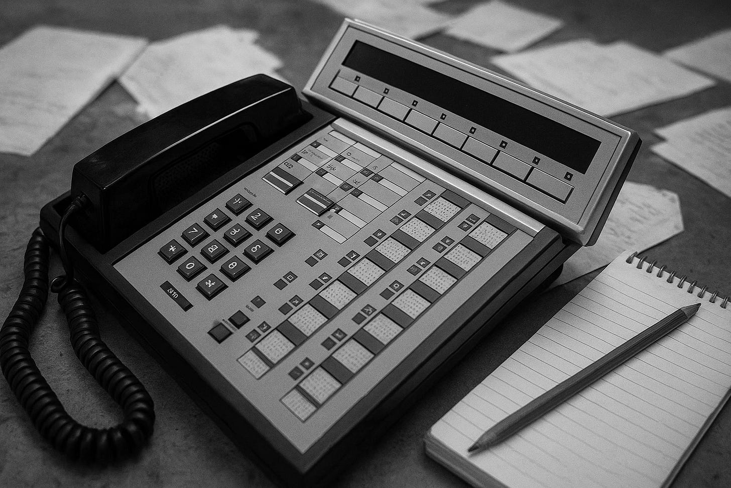 A black-and-white photo of a 1980s push-button newsroom phone on a cluttered desk, with scattered papers and a notepad nearby. A black-and-white photo of a 1980s push-button newsroom phone on a cluttered desk, with scattered papers and a notepad nearby.