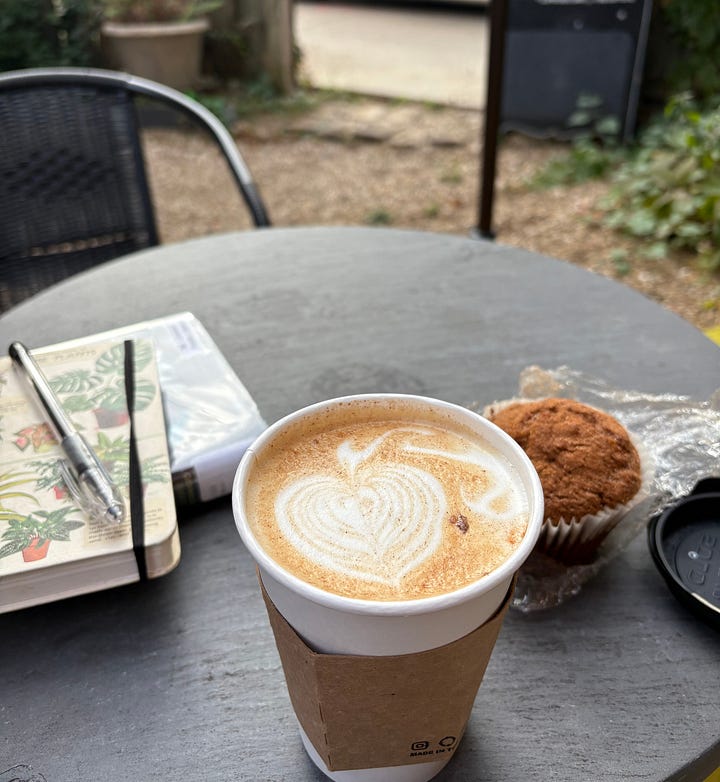 Left image of an outdoor table, featuring a latte with pumpkin latte art, a muffin, and a writing notebook with plants all over the cover. Right image of a cake covered in powdered sugar with a large slice missing.