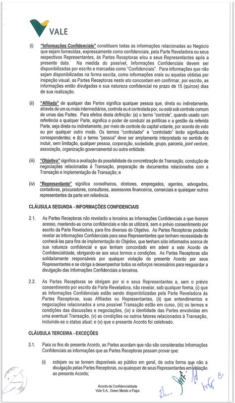 DOCUMENTO INÉDITO — Acordo de Confidencialidade celebrado em 20 de julho de 2017 entre VALE S.A. (como “Parte Reveladora”), GREEN METALS SOLUÇÕES AMBIENTAIS S.A. e FLAPA MINERAÇÃO E INCORPORAÇÕES LTDA. (como “Partes Receptoras”). Objeto: “estéril de formação ferrífera de Jangada e Feijão”. Signatário pela Vale: Lúcio Cavalli. Signatária pela Green Metals: Luciana Freitas Goulart. Documento omitido pela Vale durante a CPI de Brumadinho da ALMG. Divulgado aqui pela primeira vez.