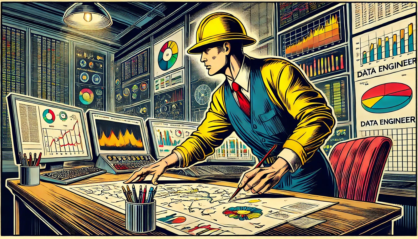 A vintage comic-style illustration of a data engineer in a modern office setting, wearing a yellow safety helmet. The engineer is standing at a desk, dynamically drawing a detailed map on a piece of paper with exaggerated focus. Surrounding the desk are computer monitors displaying colorful, vibrant dashboards with charts, graphs, and data metrics. The scene is lit with dramatic contrast and bold black outlines, featuring flat but vivid colors and a slightly desaturated palette. The character is depicted with sharp, clean lines and an intense, action-oriented expression.