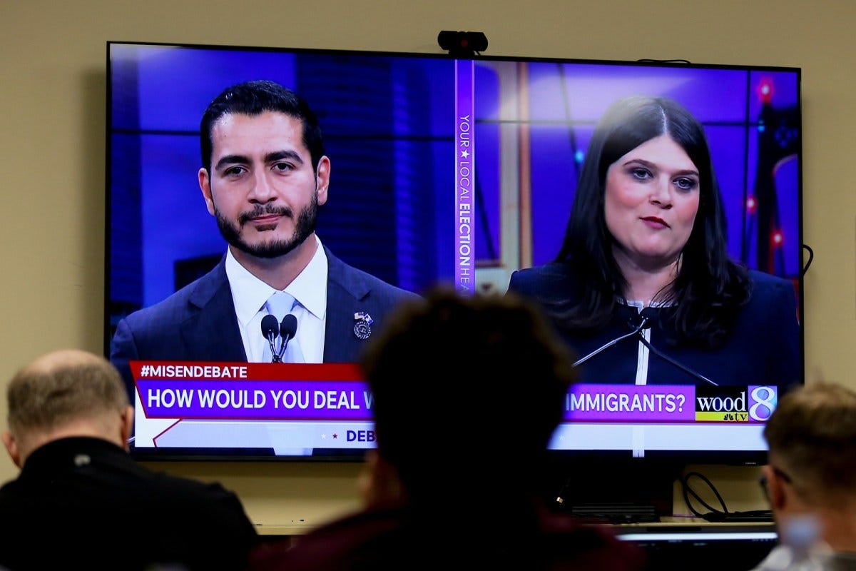 Michigan U.S. Senate candidates Abdul El-Sayed, left, and Rep. Haley Stevens (D-MI) shown during a debate. Michigan U.S. Senate candidates Abdul El-Sayed, left, and Rep. Haley Stevens (D-MI) shown during a debate.