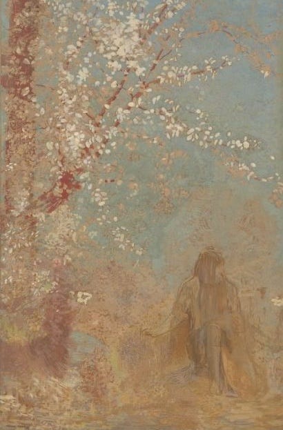 Painting of a hazy landscape scene, with a mysterious figure kneeling beside a tall tree covered in pastel pink blossoms