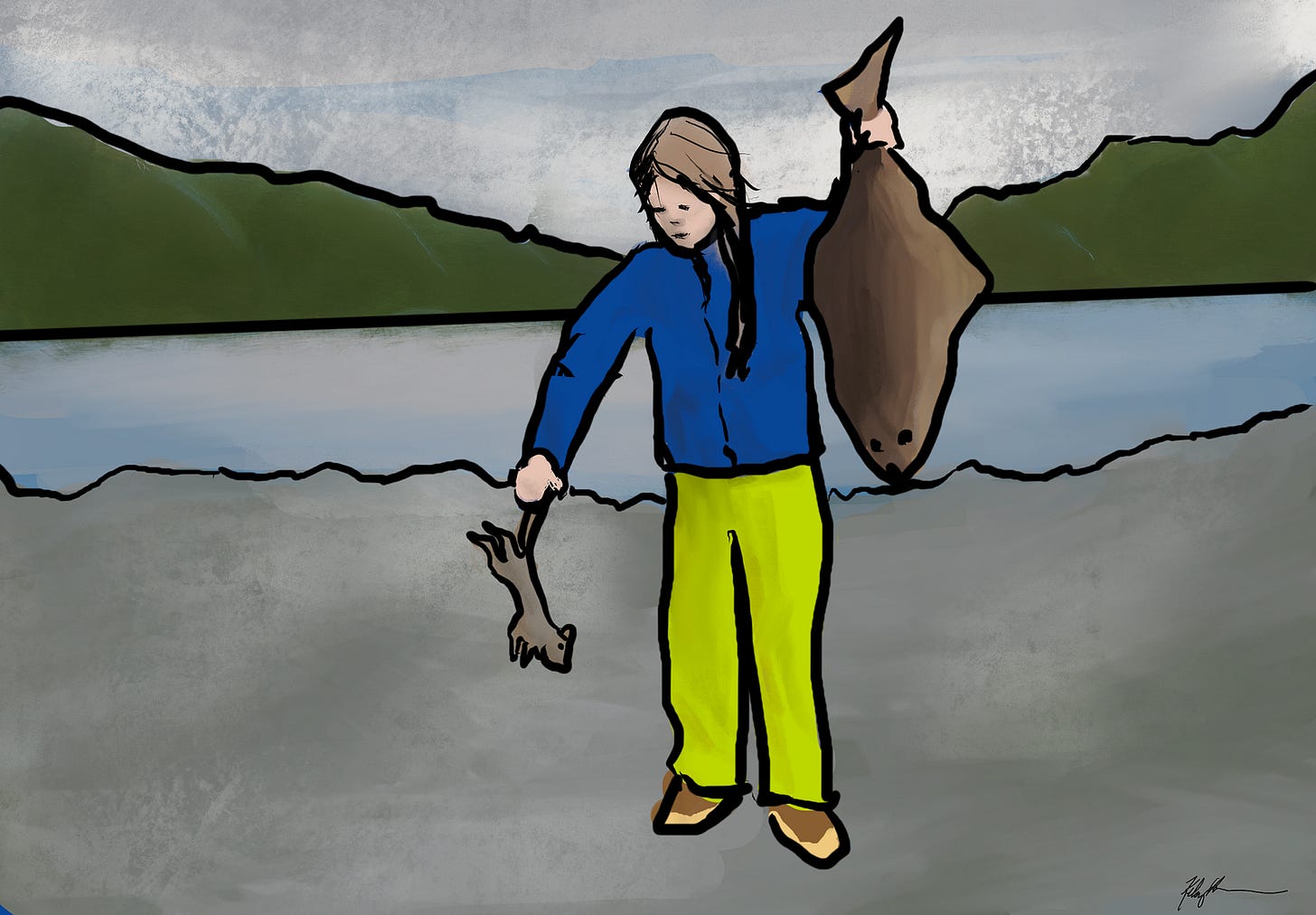 A graphic of a woman standing on a beach in front of mountains, holding up a halibut in one hand and a squirrel in the other