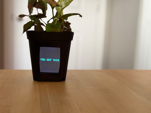 Photo of the same black plant pot with a digital screen displaying the phrase “YOU GOT THIS” in blue text, sitting on a wooden table.