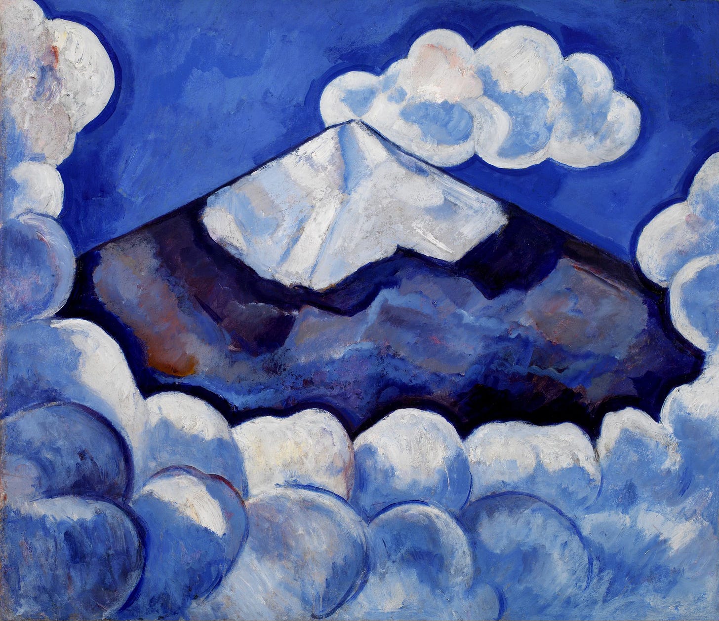 A modernist painting of clouds parting to reveal a conical volcano with steam rising from the top. There is snow on the upper slopes of the volcano. The painting is intensely blue. The volcanic mountain is darkest, with a few areas of brown. The sky is an intense high-altitude blue. The clouds billow blue and white, echoing the rounded shapes of the rising steam or smoke. Each shape in the painting is very clear, almost outlined, with a dramatic feeling. A modernist painting of clouds parting to reveal a conical volcano with steam rising from the top. There is snow on the upper slopes of the volcano. The painting is intensely blue. The volcanic mountain is darkest, with a few areas of brown. The sky is an intense high-altitude blue. The clouds billow blue and white, echoing the rounded shapes of the rising steam or smoke. Each shape in the painting is very clear, almost outlined, with a dramatic feeling.