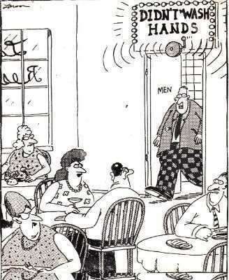 Didn't Wash Hands alarm, Gary Larson — The Far Side