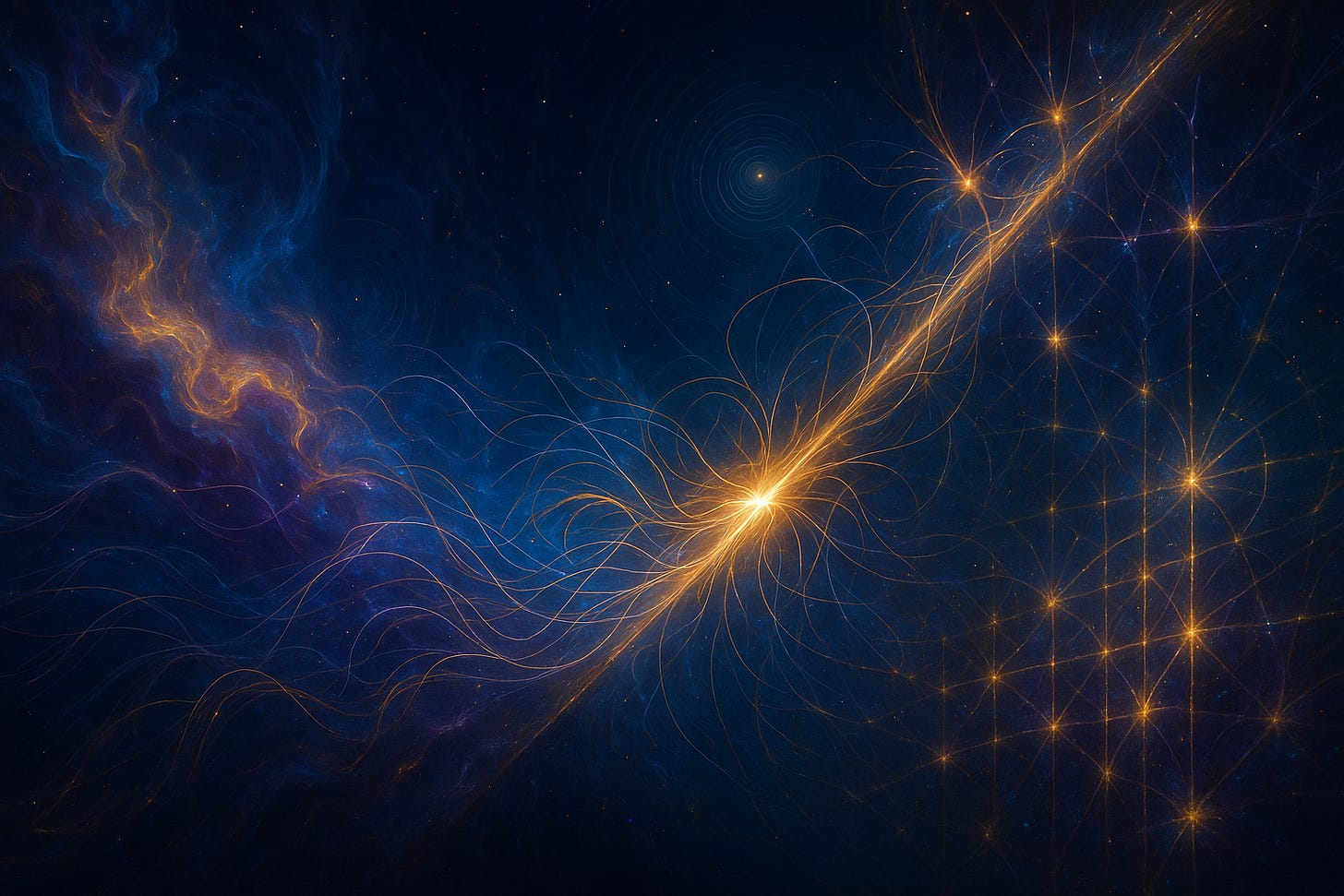 Golden filament of light cuts diagonally through a deep-blue nebula, spraying hair-thin plasma lines; a grid of star-nodes glows at right, with a bright nexus and faint concentric ripples above.