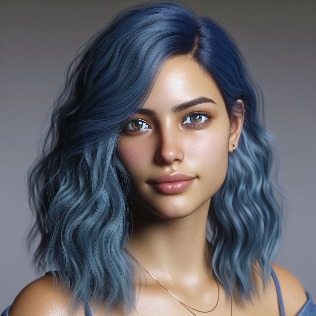 photorealistic young woman with blue hair medium length mixed race 