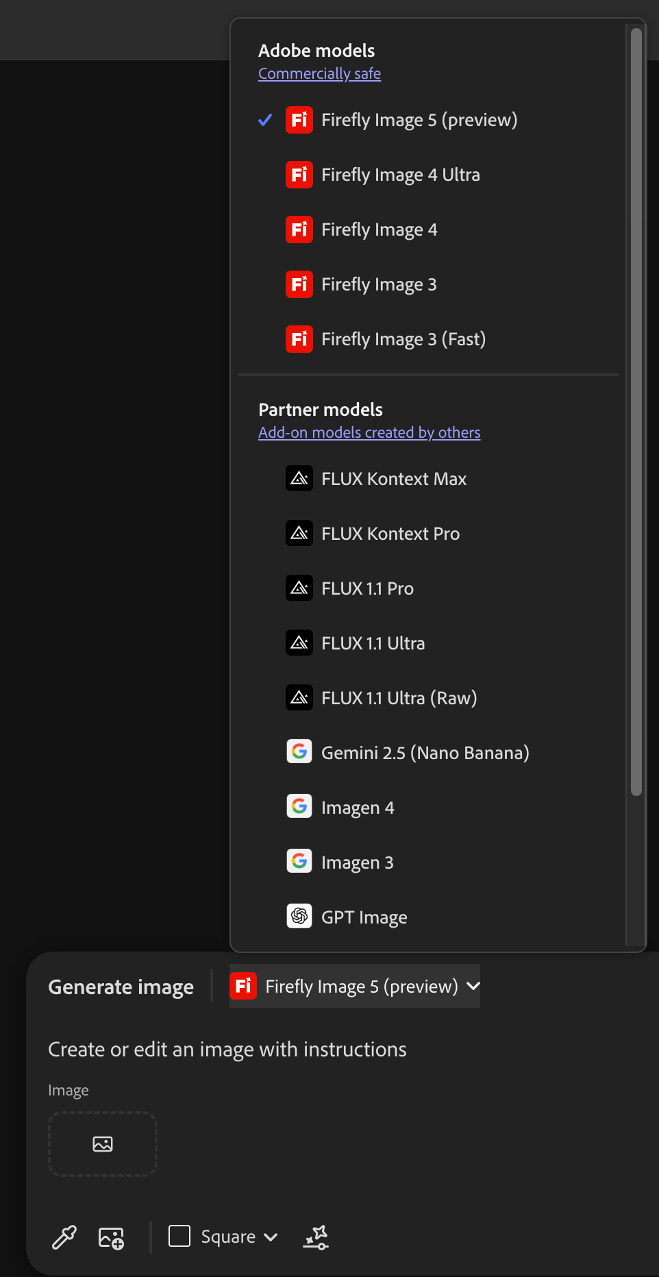 Model selection in Adobe Firefly showing both Adobe's commercially safe models and partner models from Google, Black Forest Labs, OpenAI, and others Model selection in Adobe Firefly showing both Adobe's commercially safe models and partner models from Google, Black Forest Labs, OpenAI, and others