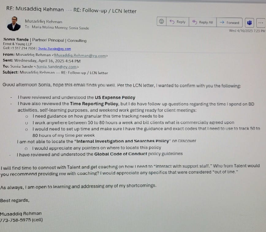 email to Sonia Sande, EY’s Americas Consulting Talent Leader for Partner and Principal Matters