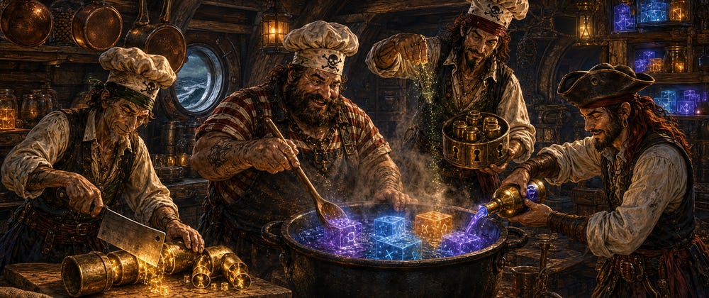 Four pirate cooks in a ship’s galley working around a cauldron of glowing data cubes, sacks of coffee beans in the foreground and a locked brass canister being poured into the pot. Four pirate cooks in a ship’s galley working around a cauldron of glowing data cubes, sacks of coffee beans in the foreground and a locked brass canister being poured into the pot.