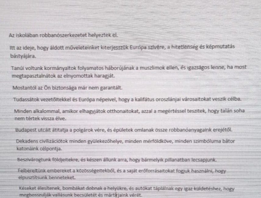 121 magyar iskolában van bombariadó súlyos iszlamista fenyegetés miatt! Íme az Allah nevében terrorral fenyegetők levele!