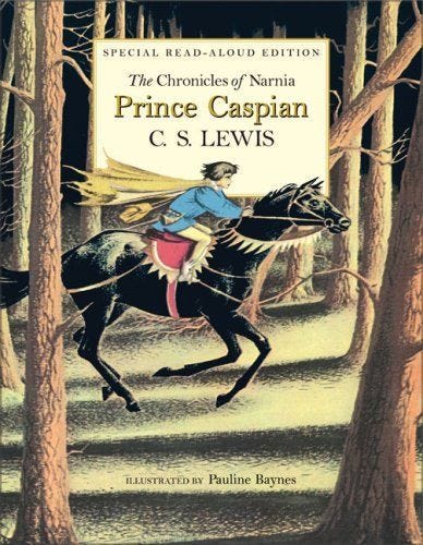 This may contain: the cover of prince captain c s lewis's children's book, with an image of a horse and rider