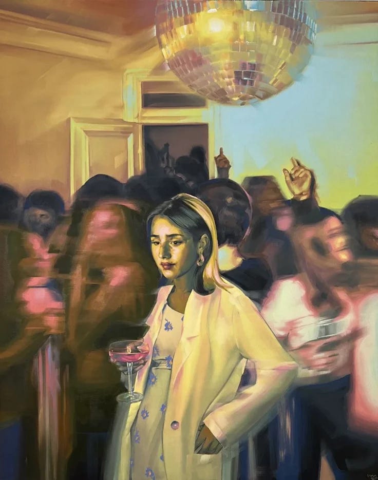 This may contain: a painting of a woman standing in front of a group of people with wine glasses