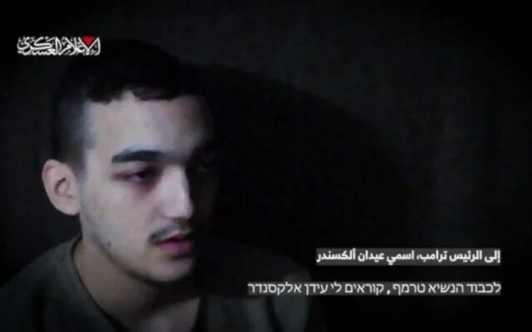 American-Israeli captive and Israeli occupation forces soldier Etan Alexander in a video published by al-Qassam Brigades (Screengrab from the Al-Qassam Brigades Military Media) American-Israeli captive and Israeli occupation forces soldier Etan Alexander in a video published by al-Qassam Brigades (Screengrab from the Al-Qassam Brigades Military Media)