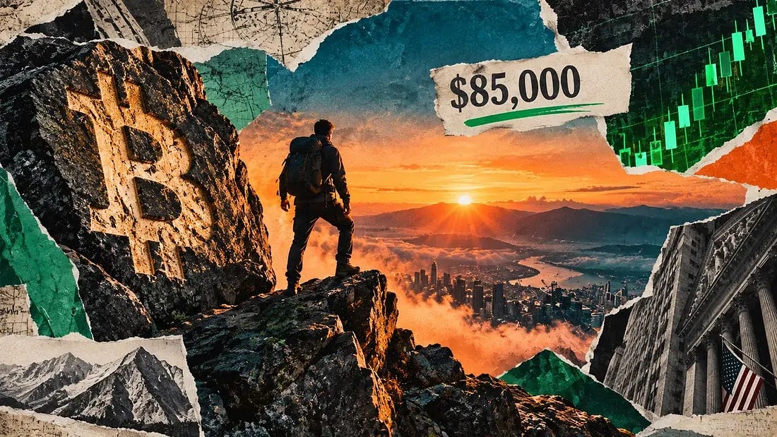 A climber overlooks a city and mountain landscape as Bitcoin reaches $85,000 alongside a rising market chart A climber overlooks a city and mountain landscape as Bitcoin reaches $85,000 alongside a rising market chart