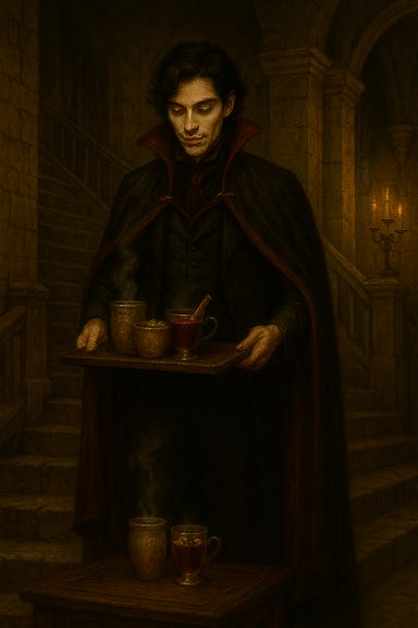 Create a dark fantasy image of Escher descending a gothic staircase in Castle Ravenloft, carrying a lacquered tray. On the tray are earthenware mugs of herbal tea, with steam curling gently and visible chamomile blossoms and witchmint floating on the surface. Beside them, spiced wine gleams like blood beneath cinnamon coils. The lighting should be moody and atmospheric, with candlelight flickering against stone walls and casting soft shadows. Escher should appear poised and elegant, dressed in dark velvet with silver accents, serving without speaking. No other characters should be present in the image. Create a dark fantasy image of Escher descending a gothic staircase in Castle Ravenloft, carrying a lacquered tray. On the tray are earthenware mugs of herbal tea, with steam curling gently and visible chamomile blossoms and witchmint floating on the surface. Beside them, spiced wine gleams like blood beneath cinnamon coils. The lighting should be moody and atmospheric, with candlelight flickering against stone walls and casting soft shadows. Escher should appear poised and elegant, dressed in dark velvet with silver accents, serving without speaking. No other characters should be present in the image.