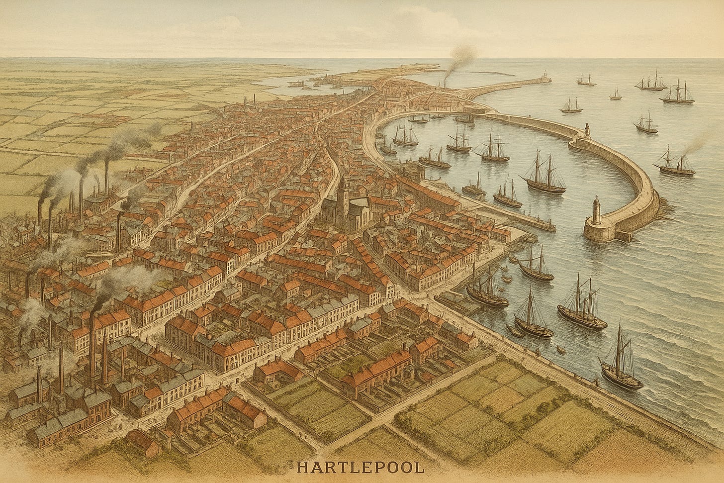 A detailed bird's-eye view illustration of Hartlepool, England, circa 1900, showing a bustling industrial port town. The image features smoke rising from multiple factory chimneys, dense rows of terraced houses, a curved stone harbour with numerous steamships and sailing vessels, a prominent church near the town centre, and open agricultural fields surrounding the town.
