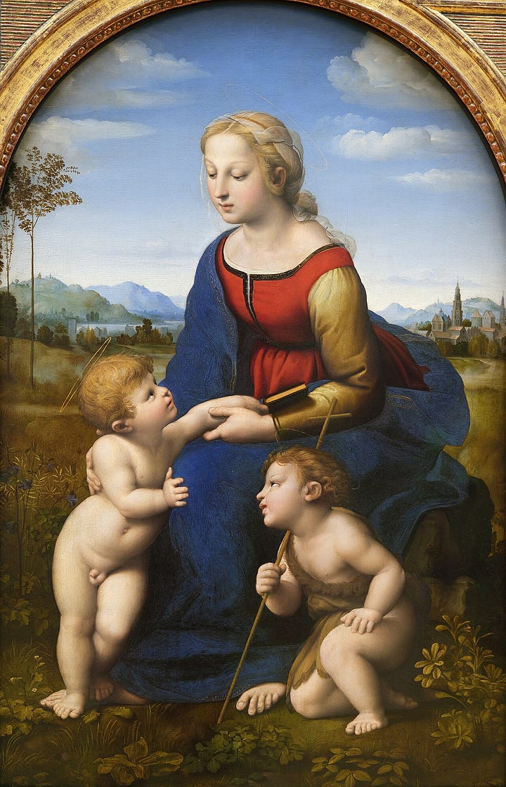Left, Caravaggio's Saint John the Baptist in the Wilderness, a strong chiaroscuro with deep shadow. Right, Raphael's Madonna and Child with Saint John, soft sfumato with no hard edges. Chiaroscuro versus sfumato.