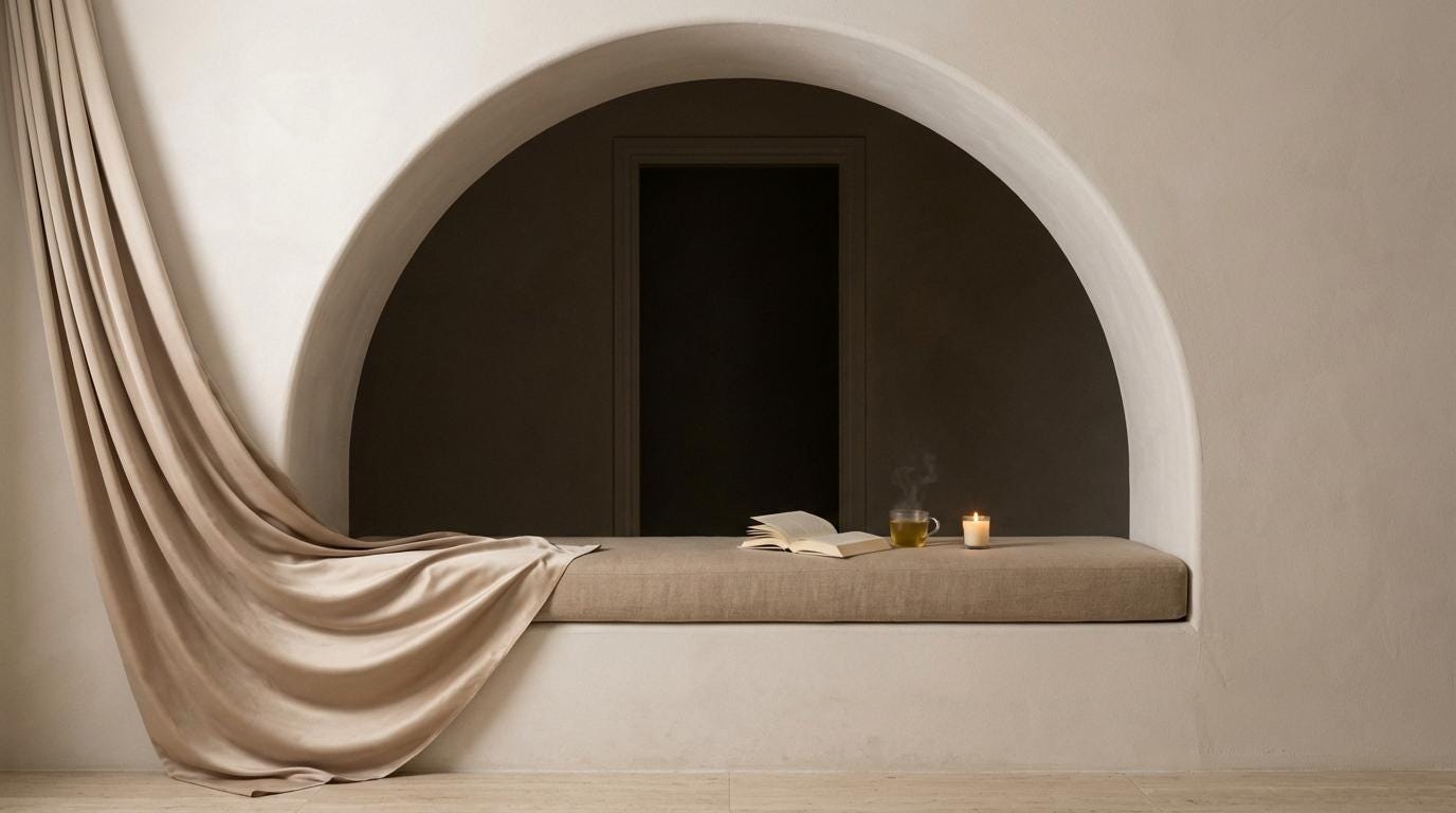 Landscape image of a soft plaster reading nook with a built-in linen bench, champagne satin draped toward the floor, an open book, a steaming mug of tea, and one candle in gentle ivory light.