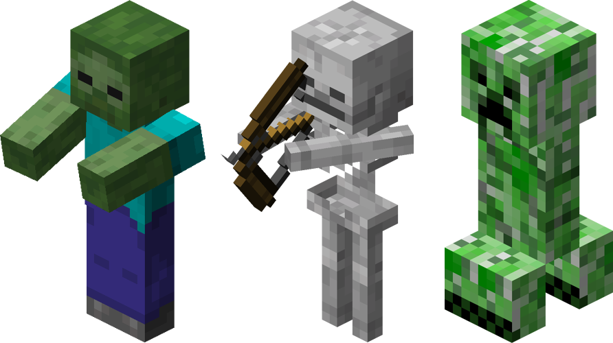 Zombie, skeleton with bow, and creeper