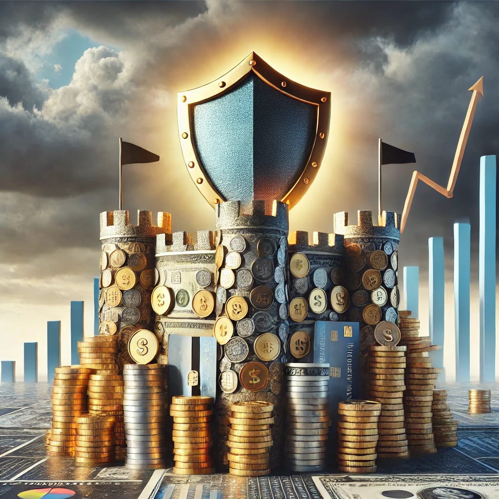 A towering fortress constructed of financial symbols such as coins, banknotes, and credit cards, symbolizing robust economic defense. The fortress stands on solid ground made of stock charts and balance sheets, with a glowing shield emblem at its center to represent resilience. Storm clouds loom in the background, symbolizing economic challenges, but they are held back by the strength of the fortress. The colors feature gold and silver tones for wealth, with a gradient sky of blue and gray to represent balance and resilience. The scene is powerful, secure, and hopeful.