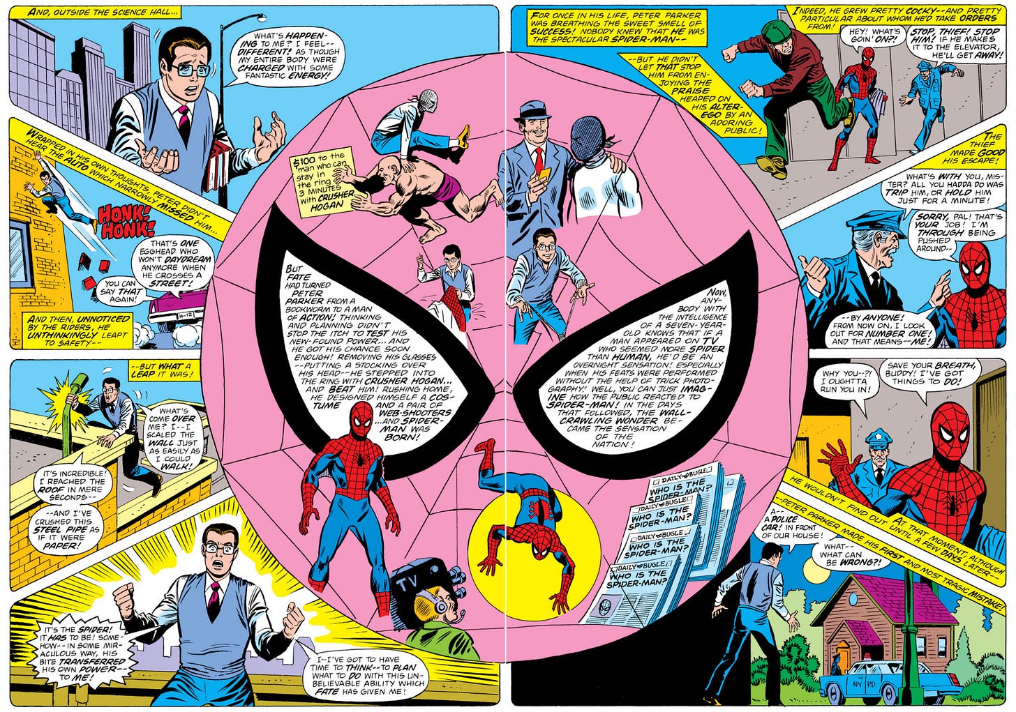 Double splash page retelling Spider-Man's origin story