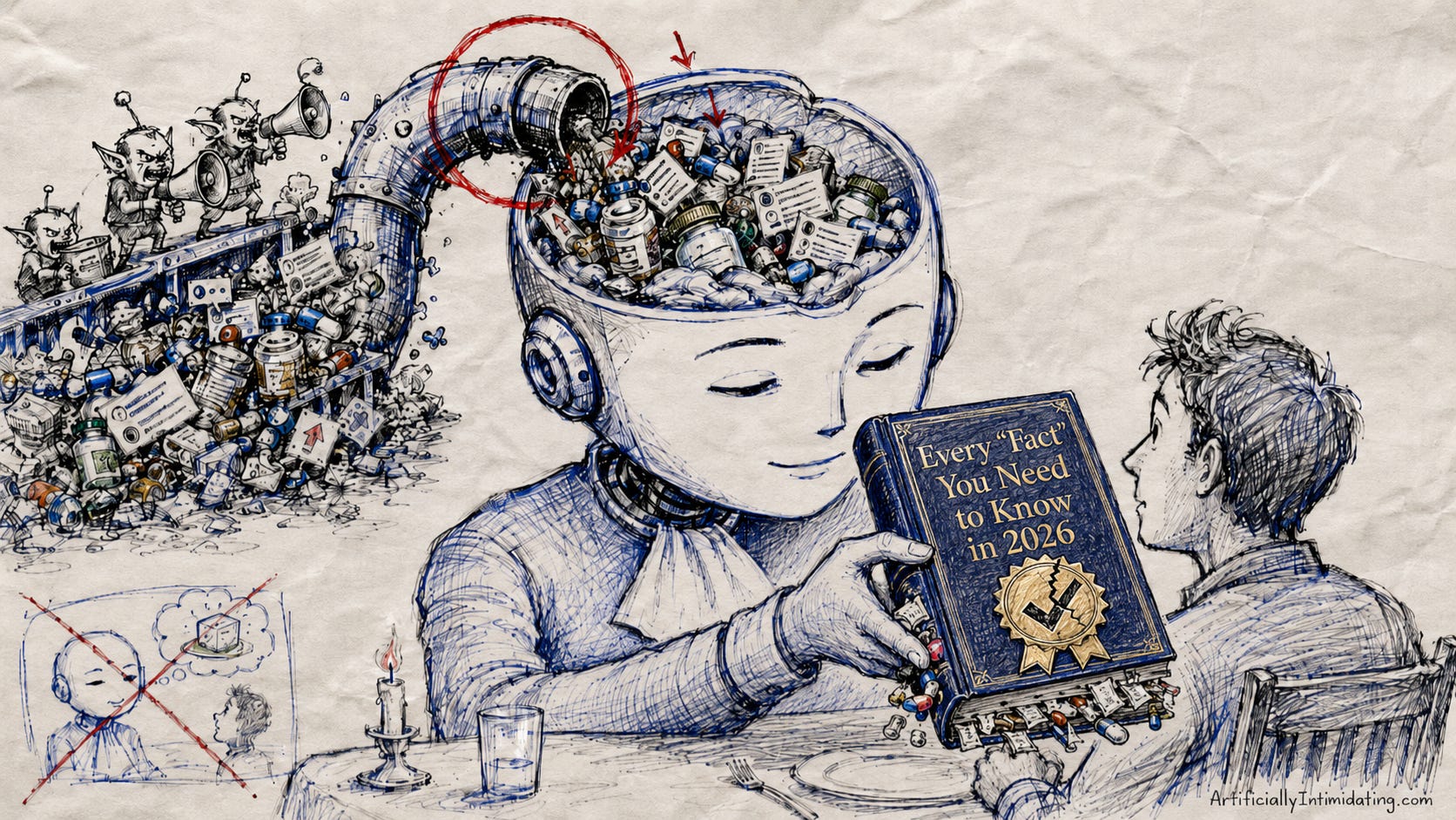 AI Made Hand-drawn editorial illustration of a calm AI robot handing a human a polished book titled Every “Fact” You Need to Know in 2026. The robot’s open head is full of pills, spam slips, trash, and fake supplement bottles being pumped in through a large pipe by goblin-like marketers with megaphones. Junk leaks from the book’s pages and spine, while a cracked gold checkmark seal on the cover suggests fake authority.
