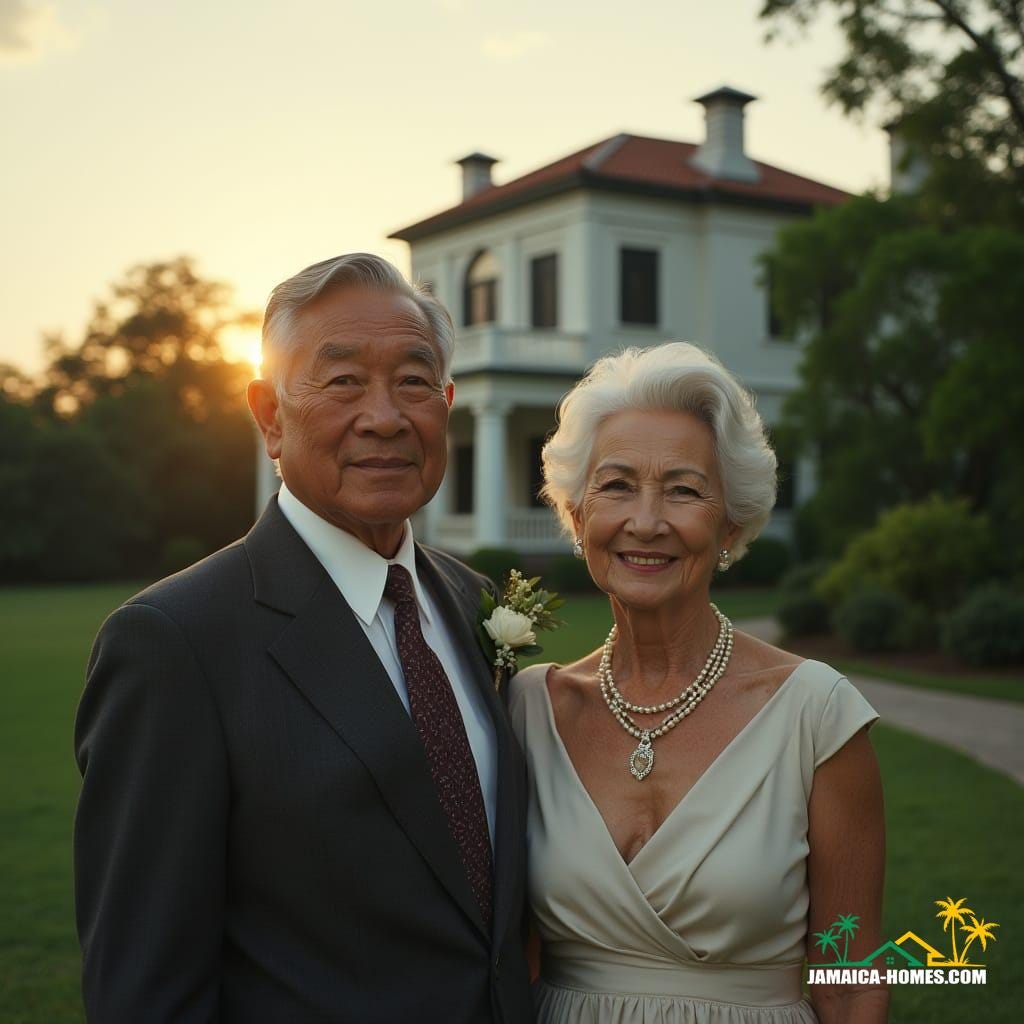 A distinguished, elderly couple, he of mixed Black and Chinese heritage, with dignified features and salt-and-pepper hair, impeccably dressed in a tailored suit, stands alongside his elegant, white companion, her silver hair styled with poise, wearing a light-hued, sophisticated dress, exuding refinement and warmth. Together, they stand before the grand, Kingston, Jamaican estate they've decided to leave behind, seeking a quieter life by the coast. Soft, golden light of a serene sunset casts a warm glow on their faces, amidst the lush, vibrant greenery of their stately grounds. Inspired by the works of Gordon Parks, Steve McCurry, and Albert Watson, with a cinematic aesthetic reminiscent of classic 35mm film, this shot evokes a sense of nostalgic grandeur, with subtle film grain, a gentle vignette, and masterful color grading, capturing the essence of a bygone era. A distinguished, elderly couple, he of mixed Black and Chinese heritage, with dignified features and salt-and-pepper hair, impeccably dressed in a tailored suit, stands alongside his elegant, white companion, her silver hair styled with poise, wearing a light-hued, sophisticated dress, exuding refinement and warmth. Together, they stand before the grand, Kingston, Jamaican estate they've decided to leave behind, seeking a quieter life by the coast. Soft, golden light of a serene sunset casts a warm glow on their faces, amidst the lush, vibrant greenery of their stately grounds. Inspired by the works of Gordon Parks, Steve McCurry, and Albert Watson, with a cinematic aesthetic reminiscent of classic 35mm film, this shot evokes a sense of nostalgic grandeur, with subtle film grain, a gentle vignette, and masterful color grading, capturing the essence of a bygone era.