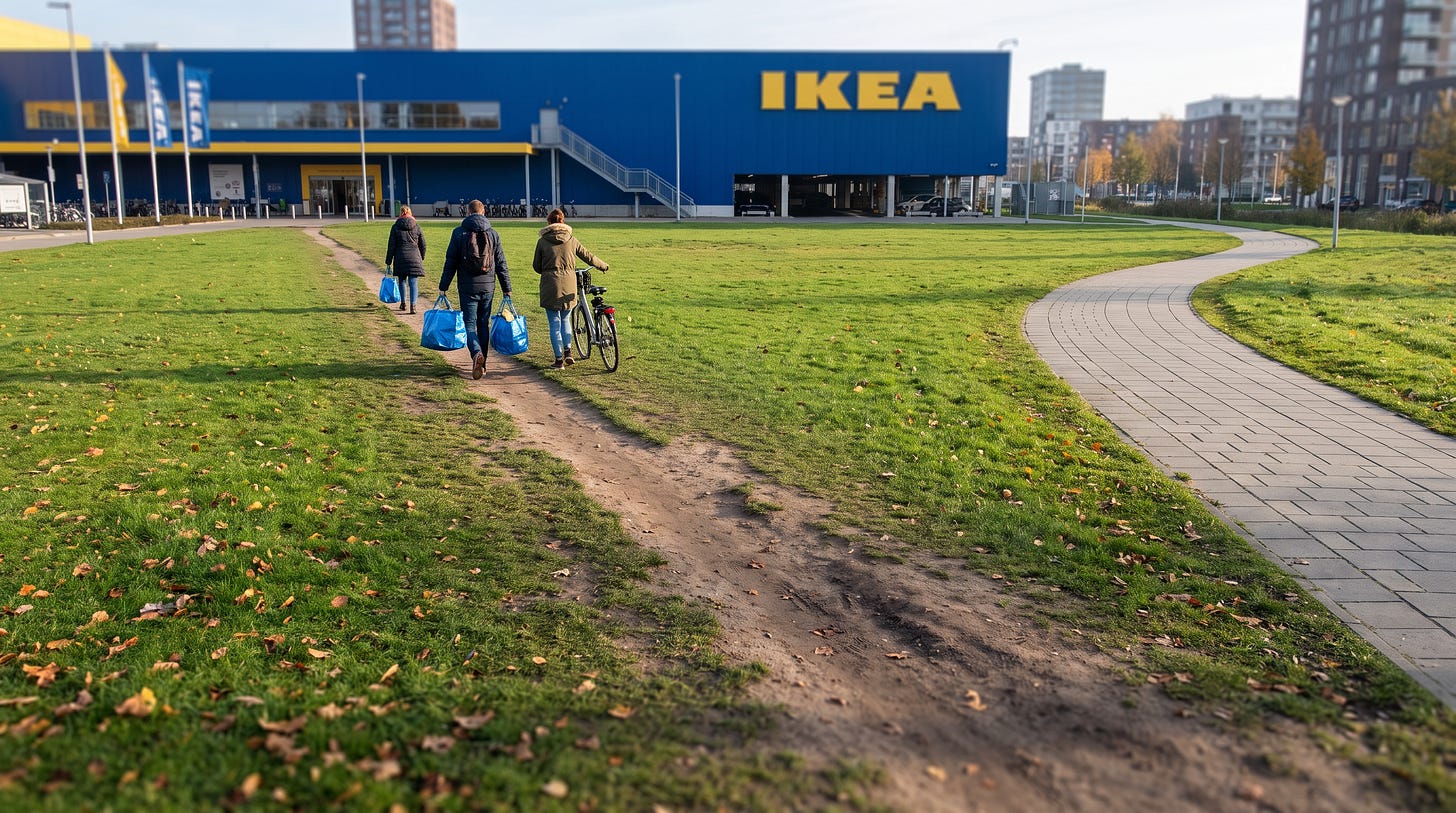 Over het gras naar de ingang van een IKEA-winkel loopt een uitgesleten pad met mensen met blauwe IKEA-tassen, terwijl het geplaveide pad ernaast leeg blijft Over het gras naar de ingang van een IKEA-winkel loopt een uitgesleten pad met mensen met blauwe IKEA-tassen, terwijl het geplaveide pad ernaast leeg blijft