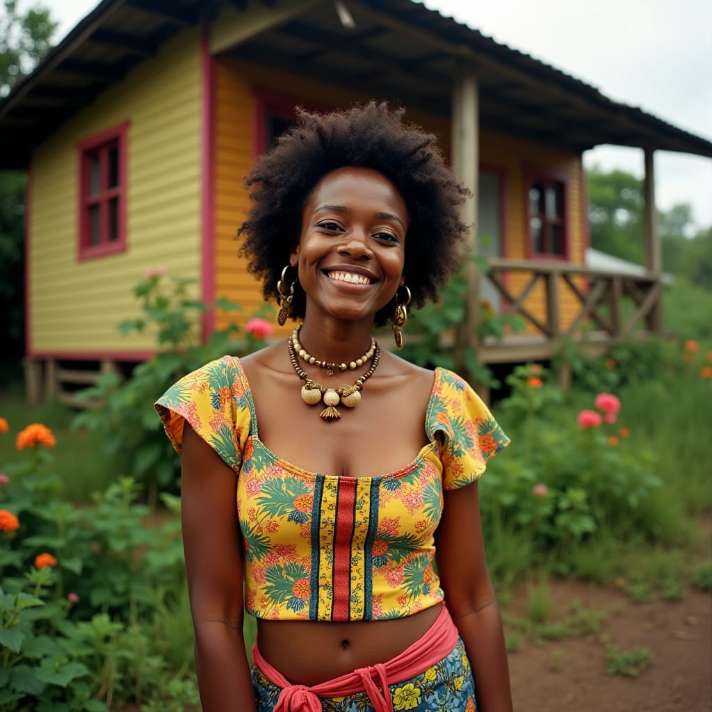 A young Jamaican woman, dressed in vibrant, eclectic clothing, with a bright smile, stands proudly in front of her beloved "yard",