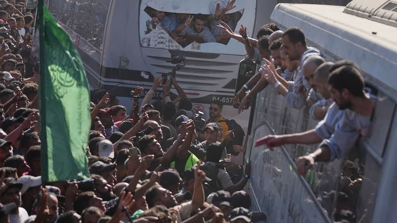 People gather to greet freed Palestinian prisoners arriving on buses in the Gaza Strip after their release from Israeli jails under a ceasefire agreement between Hamas and Israel, outside Nasser Hospital in Khan Younis, southern Gaza Strip. People gather to greet freed Palestinian prisoners arriving on buses in the Gaza Strip after their release from Israeli jails under a ceasefire agreement between Hamas and Israel, outside Nasser Hospital in Khan Younis, southern Gaza Strip.