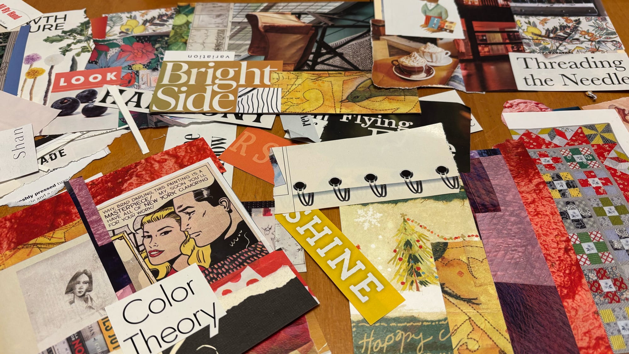 Sample collage cards in progress with magazine clippings