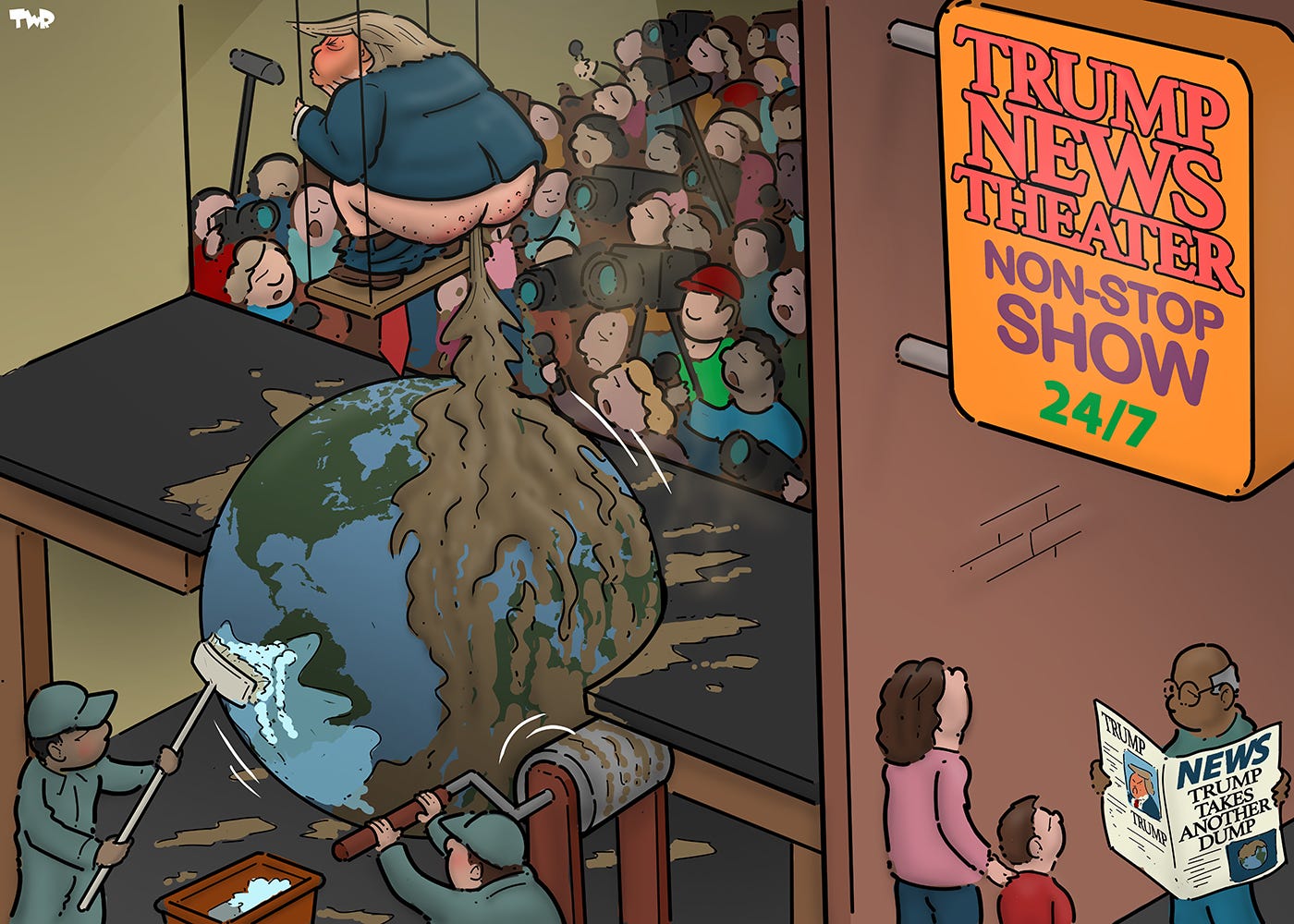 Cartoon showing Trump on a stage suspended over a model of the earth, squatting with his trousers down, defecating on the planet. Beneath the stage, two stagehands are rotating the earth.The audience, filled with journalists holding cameras and microphones, looks on in awe. Outside the theater is a sign that reads 'Trump New Theater - Non-Stop Show - 24/7'. A man passes beneath the sign, reading a newspaper with the headline 'Trump Takes Another Dump'. 