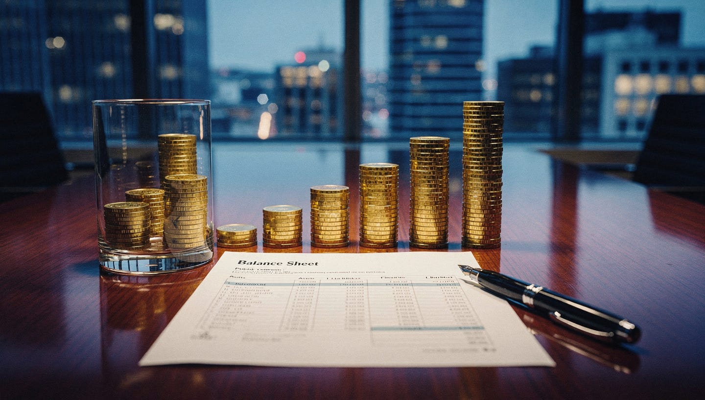 A cinematic, photorealistic wide-format header image for a financial article. A polished mahogany boardroom table with a detailed balance sheet document, a sleek fountain pen, and a transparent glass showing stacked golden coins gradually growing in height from left to right, symbolizing healthy equity growth over time. Soft natural light coming from a large window in the background with a blurred city skyline at dusk. The color palette is deep navy blue, warm gold, and crisp white. Professional corporate atmosphere, ultra-sharp focus on foreground elements, shallow depth of field on background. Shot with a 35mm lens, editorial photography style. 16:9 aspect ratio, 4K resolution. No text, no watermarks.