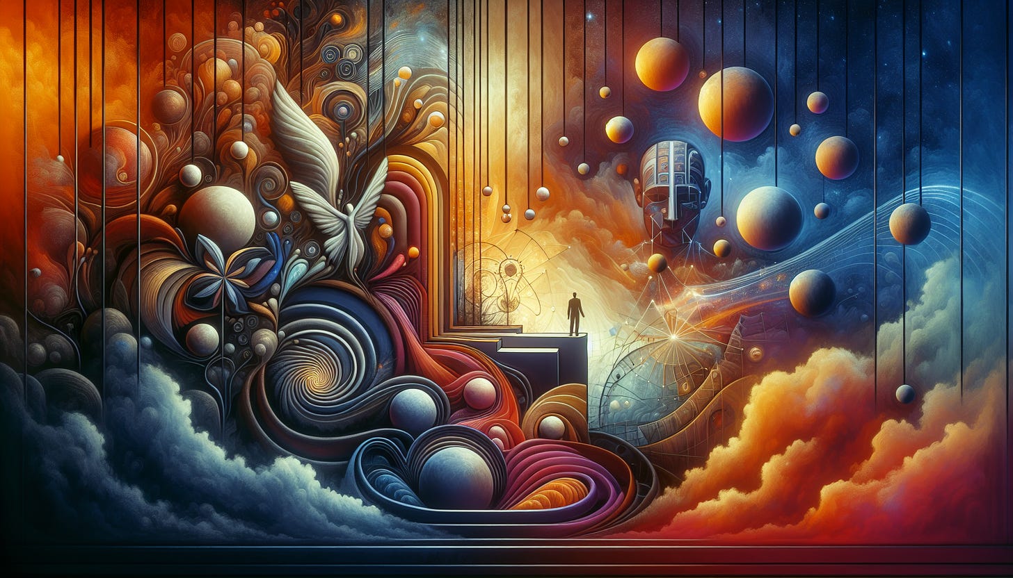 abstract art of curved geometry, angelic entities, clouds, a human, a humanoid head, dangling ornaments that remind of planets, and other "out of this world" elements. Colors are cool blues, and warm oranges and yellows.