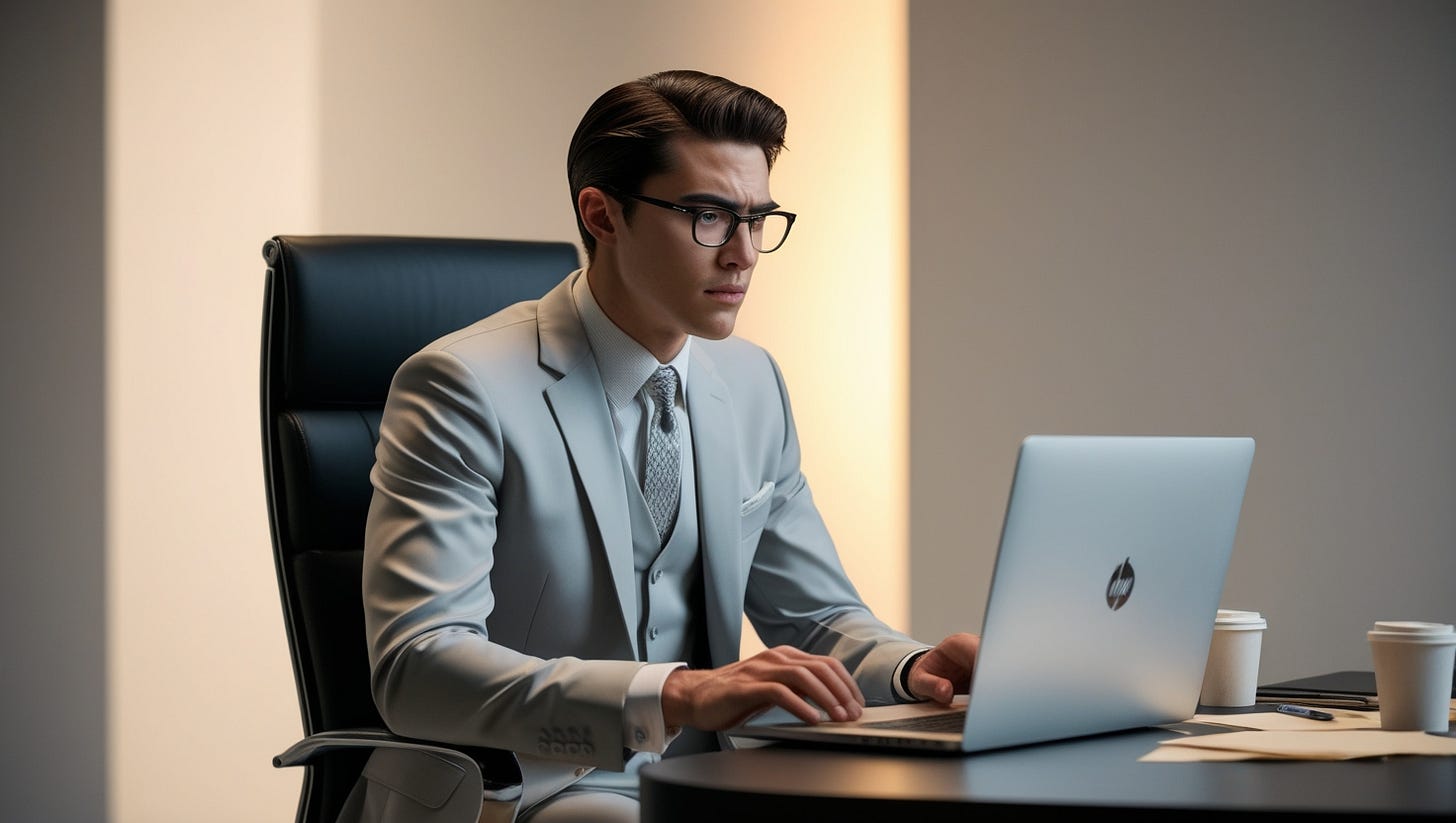 A bespectacled young man with a lean build, likely in his mid-twenties, sits upright in a modern, sleek black leather office chair, wearing a fitted, light-gray three-piece suit with a crisp white dress shirt and a slim, patterned silver tie. His dark brown hair is neatly combed back, revealing a prominent forehead and a focused expression, with a slight furrowed brow and a pursed lip, as he intently types away on his silver laptop, its screen glowing softly in the dimly lit room. The laptop sits on a sleek, dark-wooden desk with a minimalist setup, surrounded by scattered papers, a empty coffee cup, and a few pens. The background is a blurred, creamy white, evoking a sense of a modern office space with subtle hints of warm, golden lighting, casting a soft glow on the young writer's determined face.