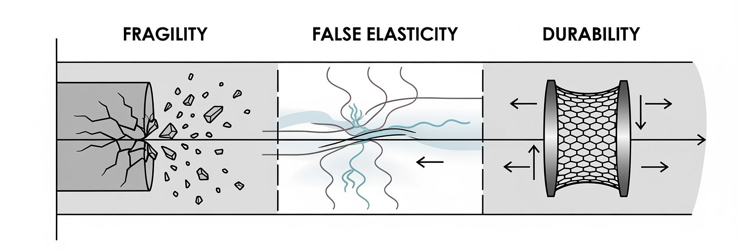 Three‑panel comparison of load‑bearing models: brittle fragility with cracks; false elasticity showing leaks; and durable mesh absorbing shocks.