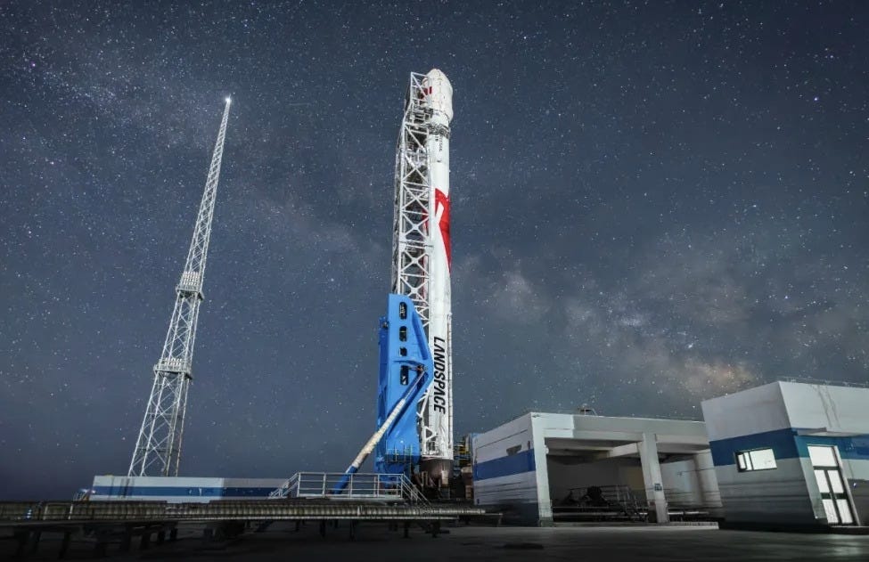 LandSpace’s Zhuque-2E Y6 vehicle stood at Launch Area 96A the night before its launch mission.
