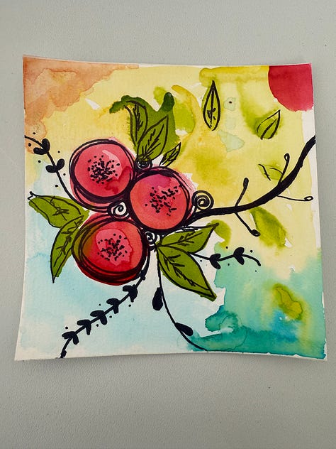 Megan Falley watercolor paintings of flowers, an octopus, a night sky, a jellyfish, her and Andrea walking through the forest, and berries on a branch