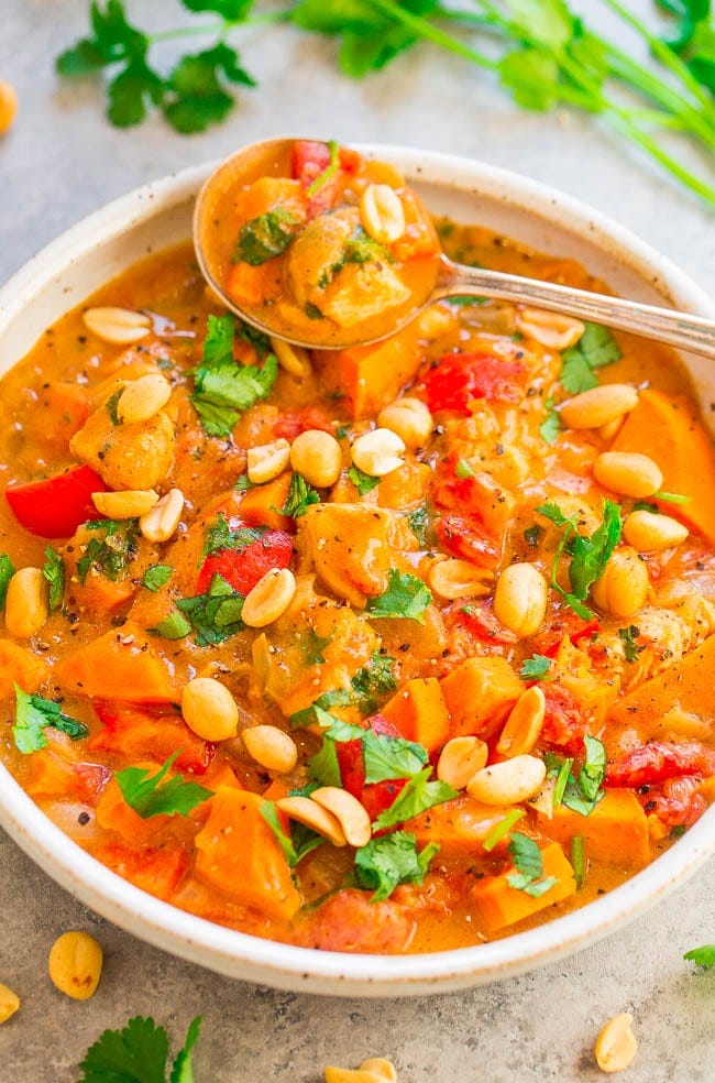 Chicken Peanut Stew - EASY, one pot, ready in about 30 minutes, and hearty comfort food at its finest!! So many layers of DELISH flavors and textures! Just the thing to warm you up!! Chicken Peanut Stew - EASY, one pot, ready in about 30 minutes, and hearty comfort food at its finest!! So many layers of DELISH flavors and textures! Just the thing to warm you up!!