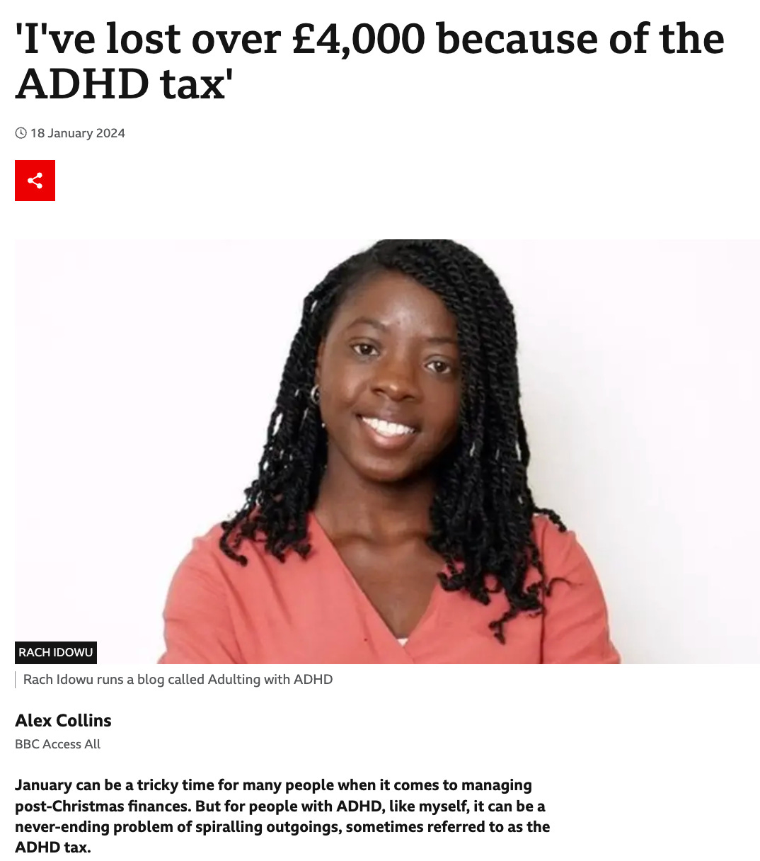 A screenshot of the BBC article I'm featured in titled 'I lost over £4000 to ADHD Tax'
