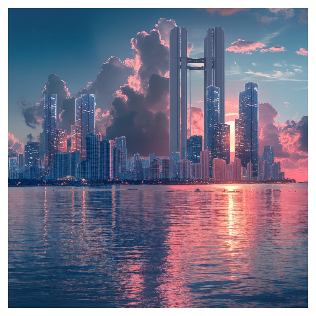 A fictionalized image of a tropical city in 2041.