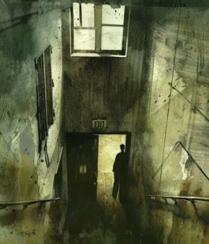 vintage watercolor illustration of a narrow stairwell landing with mailboxes and a partially hidden shadowed figure in the corner under flickering light