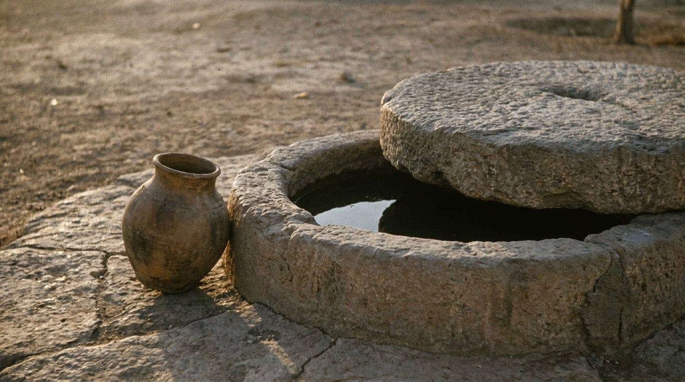 An ancient stone well mouth in dry country, its heavy round capstone half rolled aside over dark water, a worn clay jar beside it in evening light, no people, no text An ancient stone well mouth in dry country, its heavy round capstone half rolled aside over dark water, a worn clay jar beside it in evening light, no people, no text