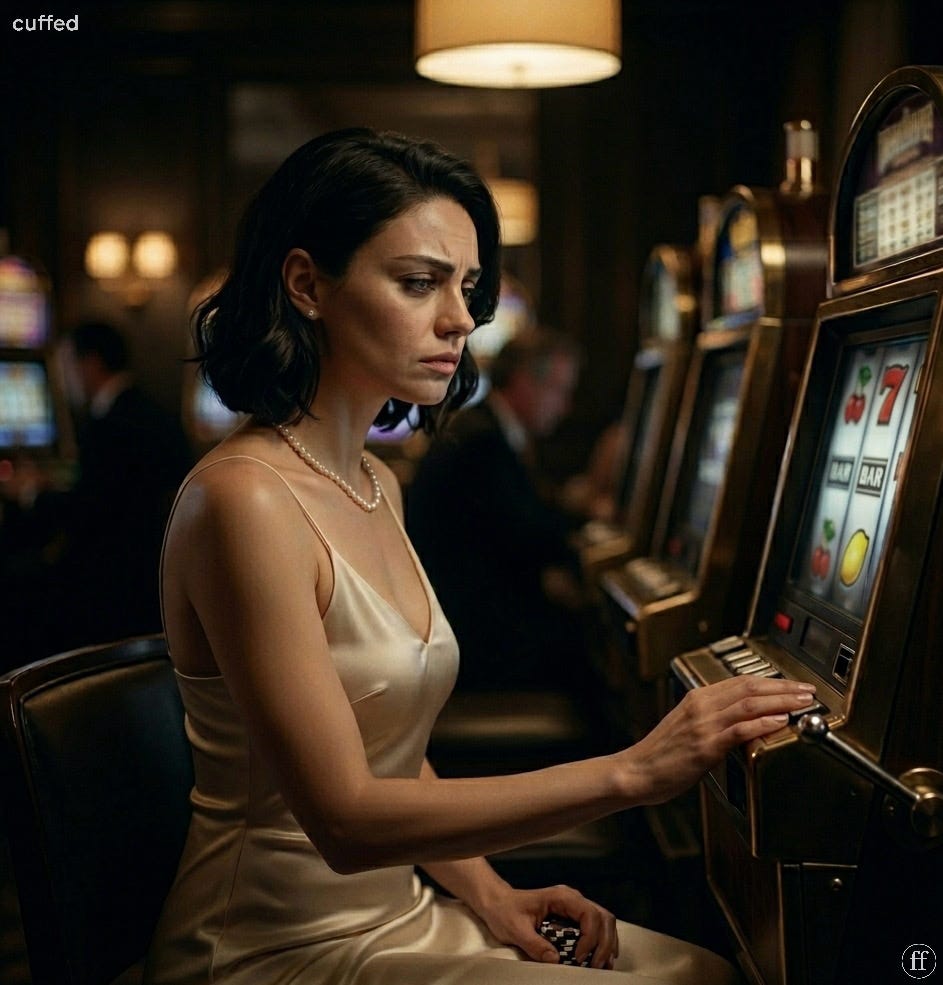 daphne quinn sits at a dimly lit slot machine in a high-end casino, wearing an ivory silk slip and pearl necklace. her hand rests lightly on the lever as she stares at the machine with quiet tension and fatigue. warm cinematic lighting and blurred background create a restrained, emotionally charged mood. no text on screen. minimal, editorial aesthetic. keywords: intermittent reinforcement, emotional conditioning, modern dating, psychological tension, cuffed brand.
