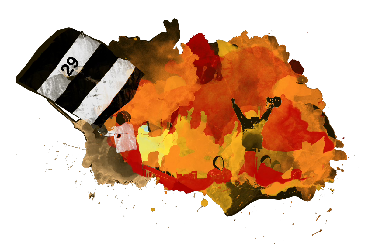 Abstract illustration of Juventus supporters with a black and white flag marked “29” and a figure lifting a trophy against fiery orange and red colors.