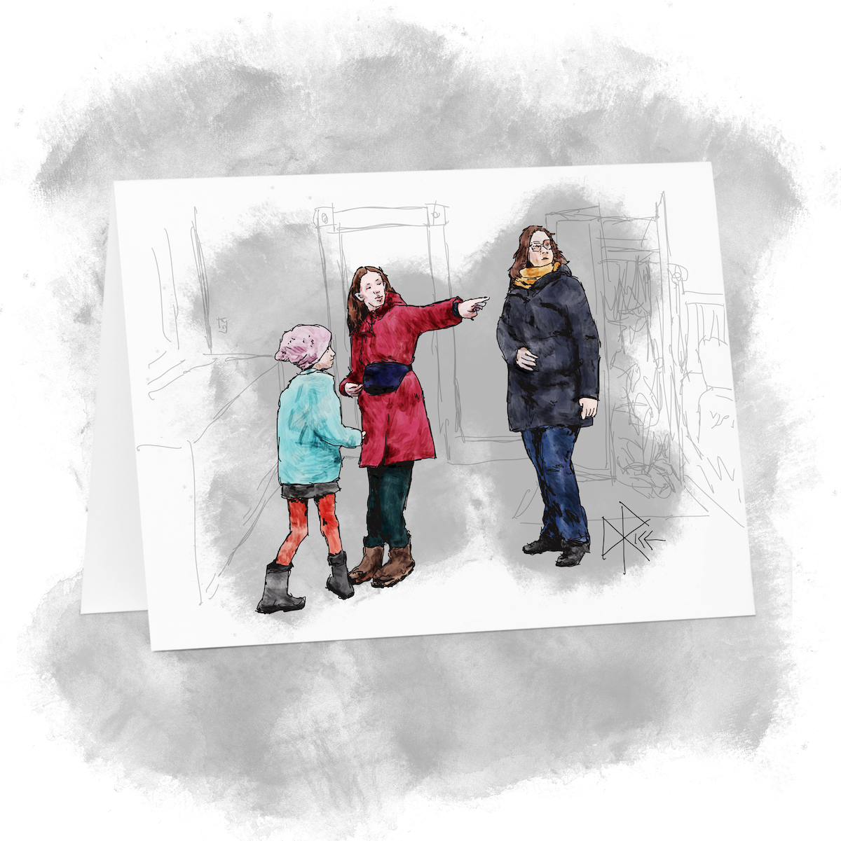 Two girls stand in a bedroom with their mother, the older girl with her arm out and pointing away from the scene. The pointing girl and woman are wearing winter coats while the younger girl is not. Sketch art by Don Rice. Two girls stand in a bedroom with their mother, the older girl with her arm out and pointing away from the scene. The pointing girl and woman are wearing winter coats while the younger girl is not. Sketch art by Don Rice.